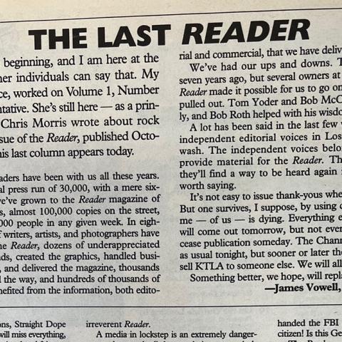 Letter from the editor to the readers in the last Issue, August 16, 1996. NX1 .R42