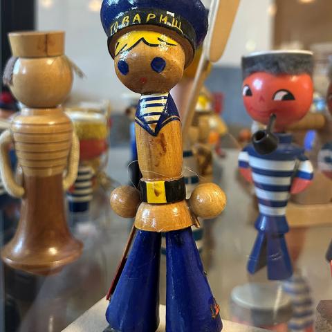 Wooden toy sailor with blue cap and blue pants, Pavel Ilyin Soviet Sailors Collection