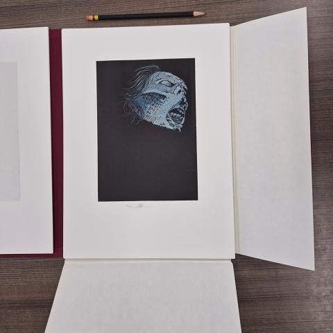 The creature’s face illuminated by lightning, from Mary Shelley’s Frankenstein, PR5397 .F7 1984c 