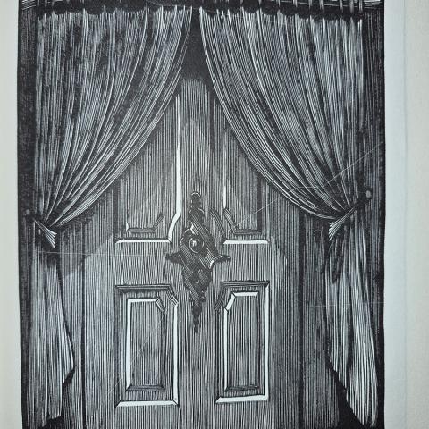 An engraving of a doorway, with cracks in the image from a flawed printing block, from Lewis Carroll’s Alice’s Adventures in Wonderland, PR4611 .A7 1982b