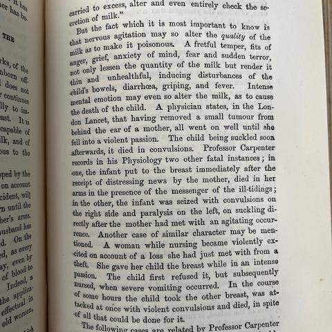 Horror stories of babies drinking "poisonous" breast milk from The Physical Life of Woman. RG121 .N2 1885