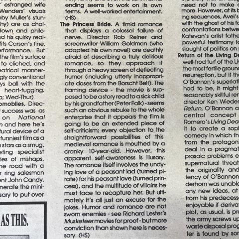 Film review of The Princess Bride, January 29, 1988. NX1 .R42