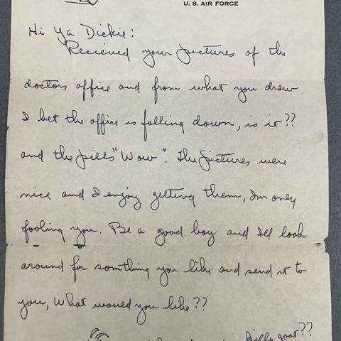 Letter to Dickie from his father on U.S. Air Force The Flying Saucer Service Club stationary, includes hand-drawn Billy goat, Richard Embleton Correspondence Collection