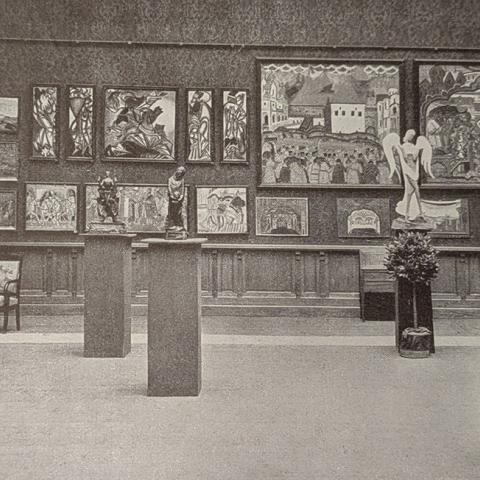 Photograph of exhibit of works by artists associated with the Russian artistic movement Mir iskusstva (World of Art)