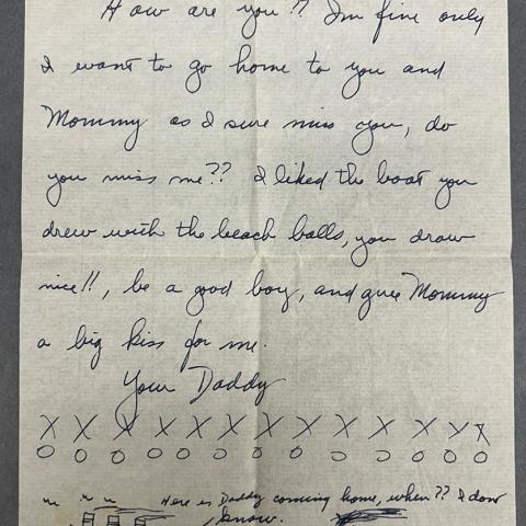 Letter to Dickie from his father, includes hand-drawn ship in the ocean, Richard Embleton Correspondence Collection