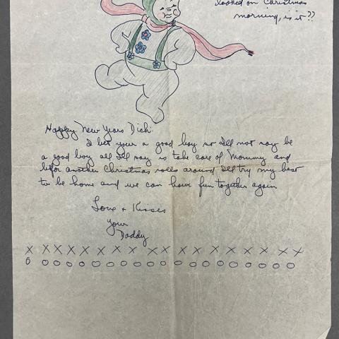 Happy New Year letter to Dickie from his father, includes hand-drawn picture of Dickie in winter clothes doing a jig, Richard Embleton Correspondence Collection