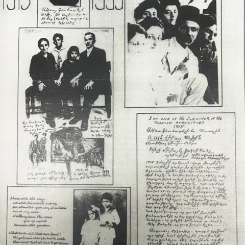 Paper with pictures and handwritten text regarding the Chitjian family surviving the Armenian Genocide, Zaruhy “Sara” Chitjian Collection