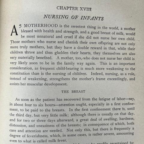 Text on breast milk from Perfect Womanhood for Maidens, Wives, Mothers. RG121 .M5 1903