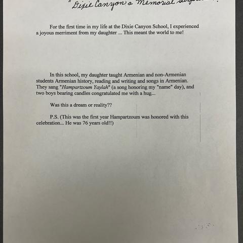 Typed page of Hampartzoum “Harry” Chitjian’s writing about his daughter Sara’s teaching of Armenian history, Zaruhy “Sara” Chitjian Collection