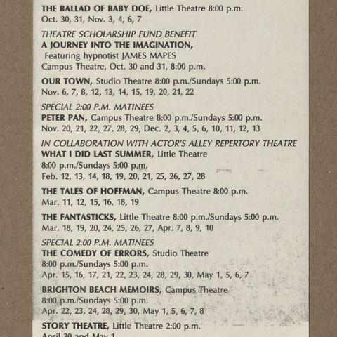 Promotional leaflet (Front) for As Is, showcasing CSUN’s 1987-1988 season. UAC-010, Box 25.