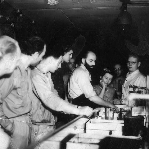 Richard Fish (far right) in class at California School of Fine Arts in San Francisco, taught by Ansel Adams (middle)