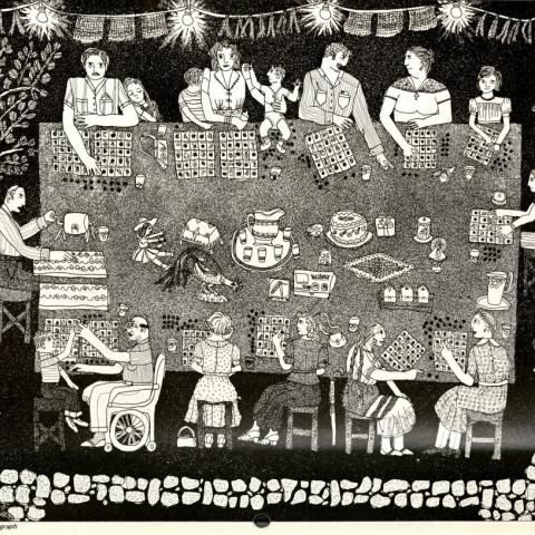 "Loteria: Tabla Llena" by Carmen Lomas Garza taken from El Calendario Chicano 1975. Rodolfo F. Acuña Collection