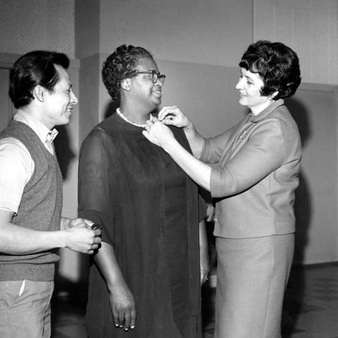 Mother Rosa L. Broadous receiving PTA of San Fernando Lifetime Membership pin
