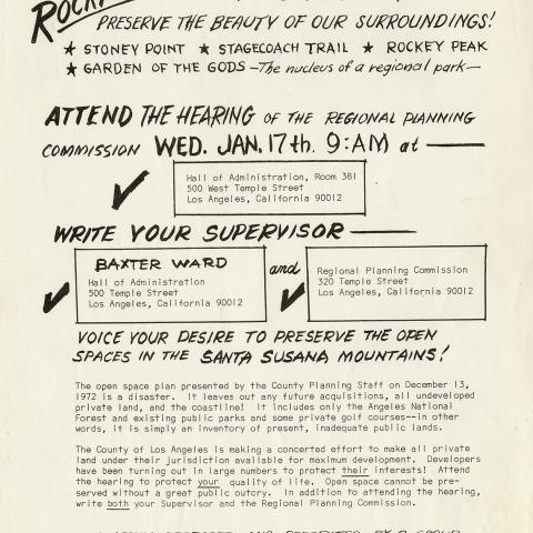 Rockpointe homeowners flyer to attend a hearing of the Regional Planning Commission, January 17, 1973