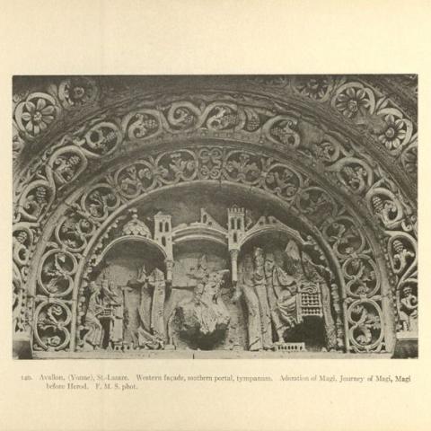 Adoration of the Magi carved on the Southern portal, tympanum at St. Lazare