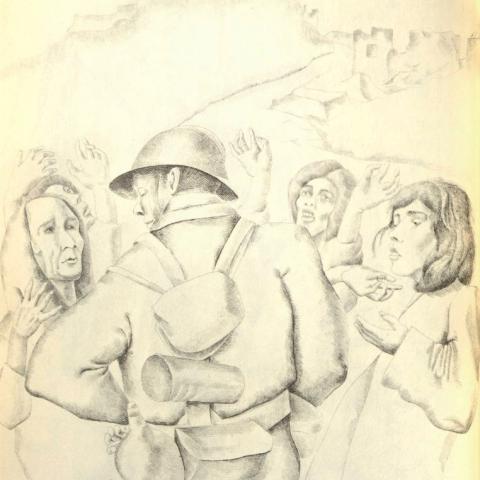 Sketch of Republican soldier helping civilians in All the Brave