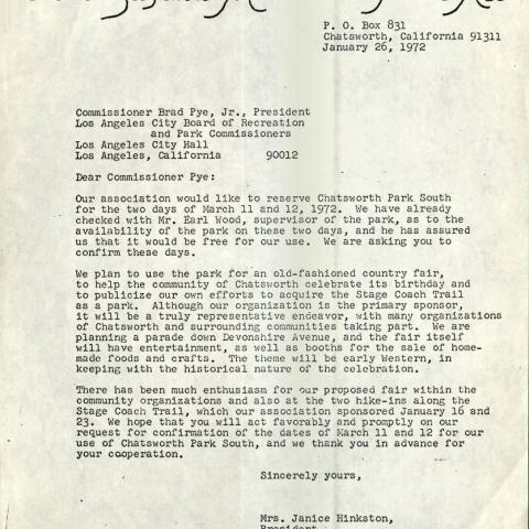 Letter to Commissioner Brad Pye, Jr., to reserve the park area for the Country Fair