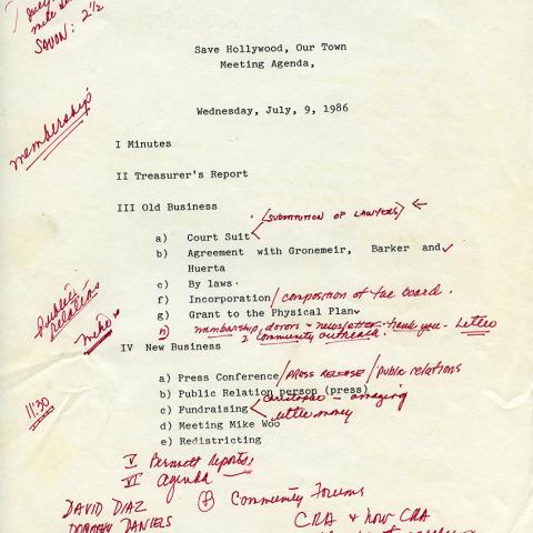 Save Hollywood, Our Town, meeting agenda, July 9, 1986