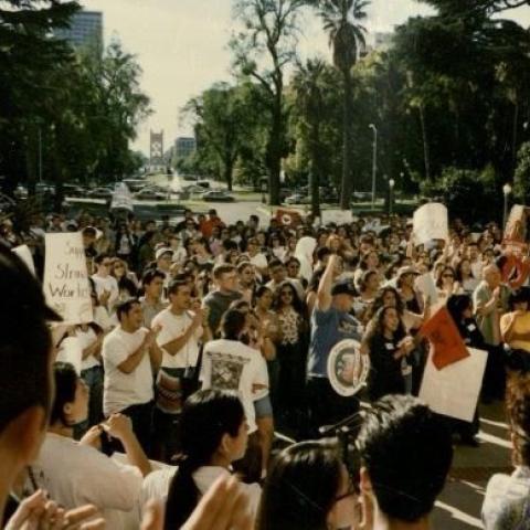 Chicano Rally in San Jose. A group of people holding various signs including signs for United Farm Workers of America. Rodolfo F. Acuña Collection