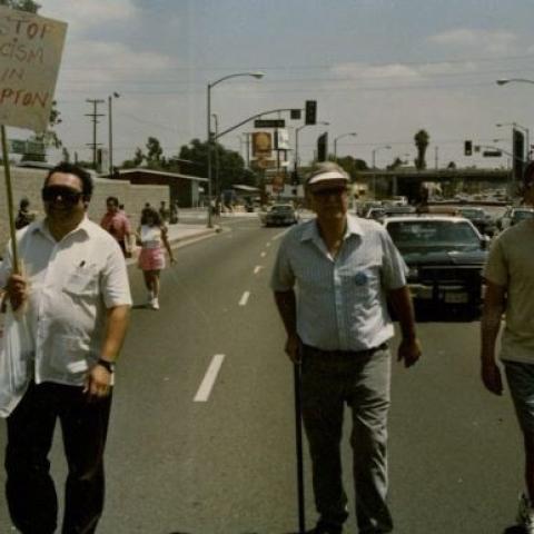 Rodolfo F. Acuña participates in a march against racism on the streets of Compton. Rodolfo F. Acuña Collection