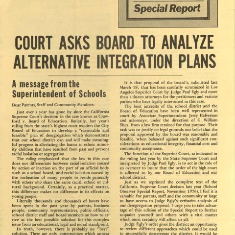 A special report on Judge Paul Egly's 1977 ruling on Crawford v. LAUSD. Max Mont Collection.