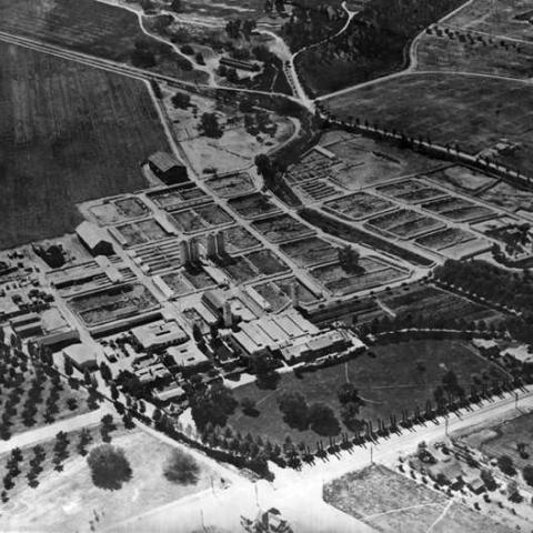 Aerial view of Adohr Farms at the 18000 Ventura Boulevard, Reseda location, ca. 1937