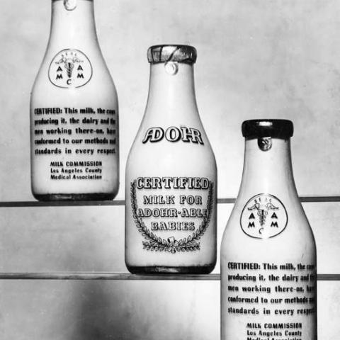 Adohr Farms' milk in bottles labeled "Certified milk for Adohr-able babies," with guarantee on the back, ca. 1936