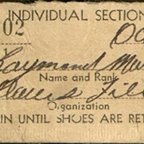 Shoe ticket from Bellows Field at Waimanalo, Oahu, Hawaii, October 13, 1943
