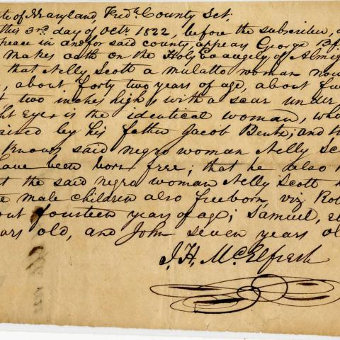Affidavit Confirming that Nelly Scott and her Children, Robert, Samuel, and John, Were Freeborn, October 1822