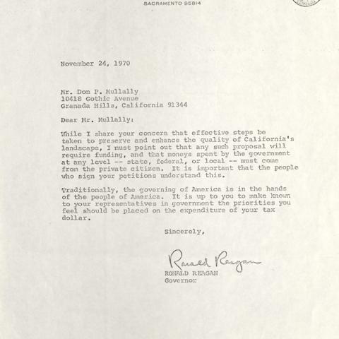 Letter from then Governor of California, Ronald Reagan