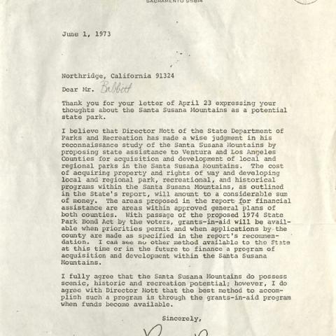Letter from then Governor of California, Ronald Reagan