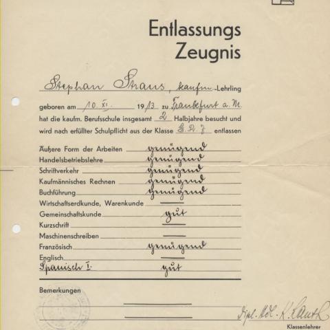 Certificate of Completion from a Frankfurt vocational school. March 31, 1931