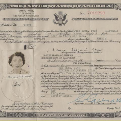 Certificate of Naturalization issued by the United States Department of Justice to Liliane Jacqueline Stuart, May 26, 1952