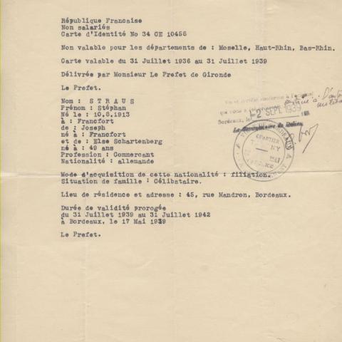 French certificate of residence for Stephan E. Stuart