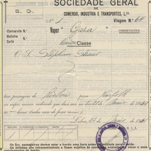 Ticket for passage from Lisbon to Norfolk, May 22, 1941