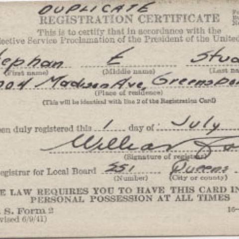 Selective Service registration for Stephen E. Stuart, July 1, 1941