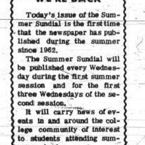 First Summer Sundial issue since 1963, article incorrectly stating "since 1964", June 28, 1967
