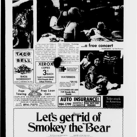 Summer Sundial article covering a free summer concert, August 2, 1973