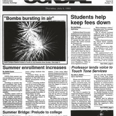 Summer Sundial front page displaying Fireworks hosted on campus, June 8, 1993