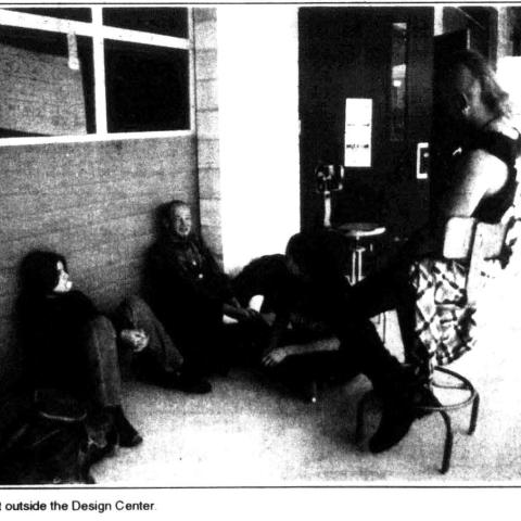 Post-1994 Earthquake, Art students outdoors in the Design Center. Sundial, February 2, 1994