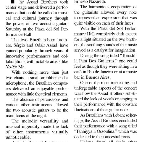 Review of the Assad Brothers performance, in the Daily Sundial, November 16, 2010