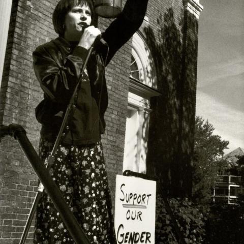 Nancy, speaking at the Transsexual Menace demonstration
