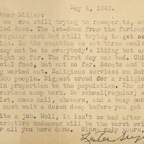 Note from Lester Suzuki, interned at Santa Anita Assembly Center, May 4, 1942