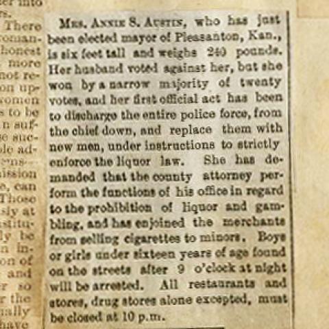 Article regarding Mrs. Annie S. Austin, new mayor of Pleasanton, Kansas. Temperance Scrapbook
