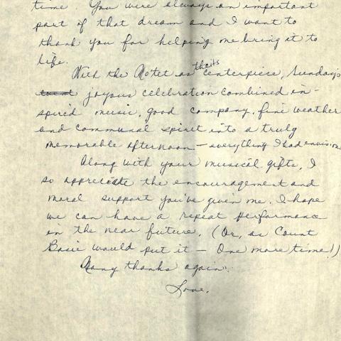 Draft thank you note from Mimi Melnick to Bobby Bradford Mo'tet, ca. 1996