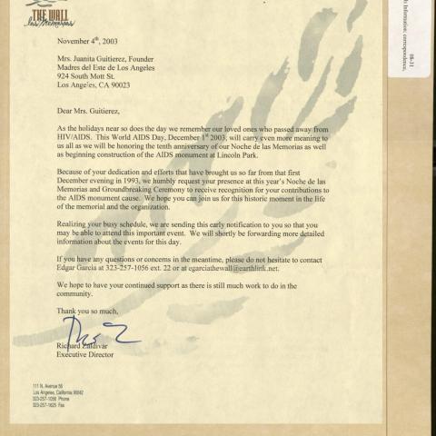 Letter from Richard Zaldivar to Juanita Guetierrez, 2003