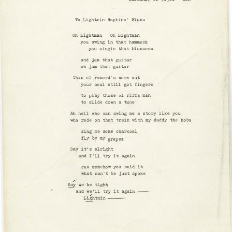 "To Lightnin Hopkins’ Blues" poem by Marchielle Brandler, March 12, 1987