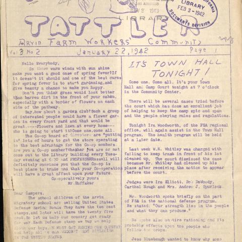 Tow Sack Tattler, Arvin Farm Workers Community, January 22, 1942