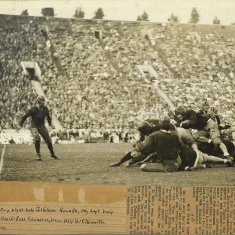 Scrapbook page partial newspaper clipping and photograph of Occidental College football players, ca. 1920s
