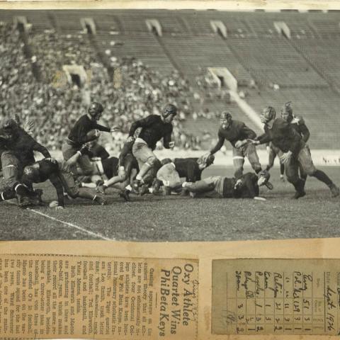 Scrapbook page article, Oxy Athlete Quartet Wins Phi Beta Keys, 1929. Photograph of Occidental College football players in action, circa 1920s, and partial Occidental College report card, September 1926  